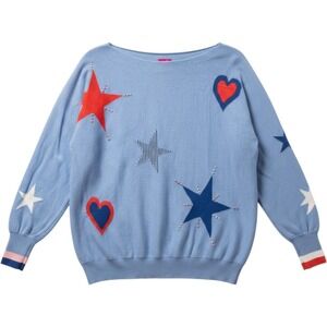 Zaket & Plover Blue Cotton Cashmere Star Heart Embroidered Sweater XL